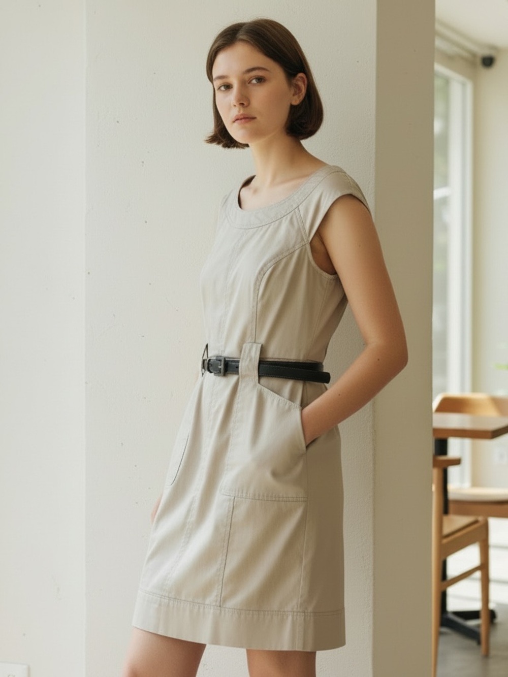 WHBM Tan Safari Sheath Dress Size 6 Cap Sleeve Belted Career Office